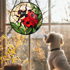 Close-up of AMDERVEN Red Ladybug Suncatcher with intricate patterns