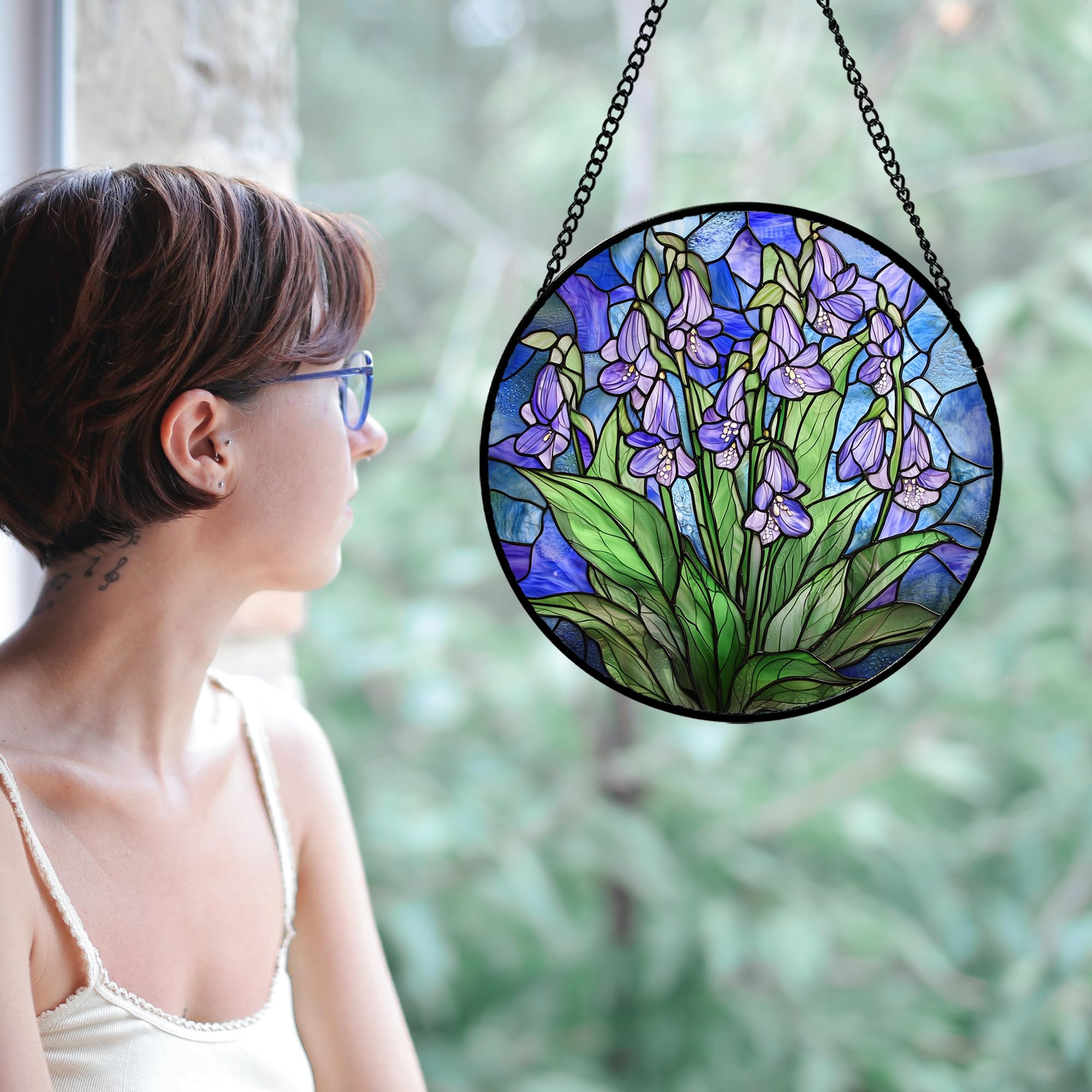 Close-up of AMDERVEN Stained Glass Suncatcher showcasing intricate patterns