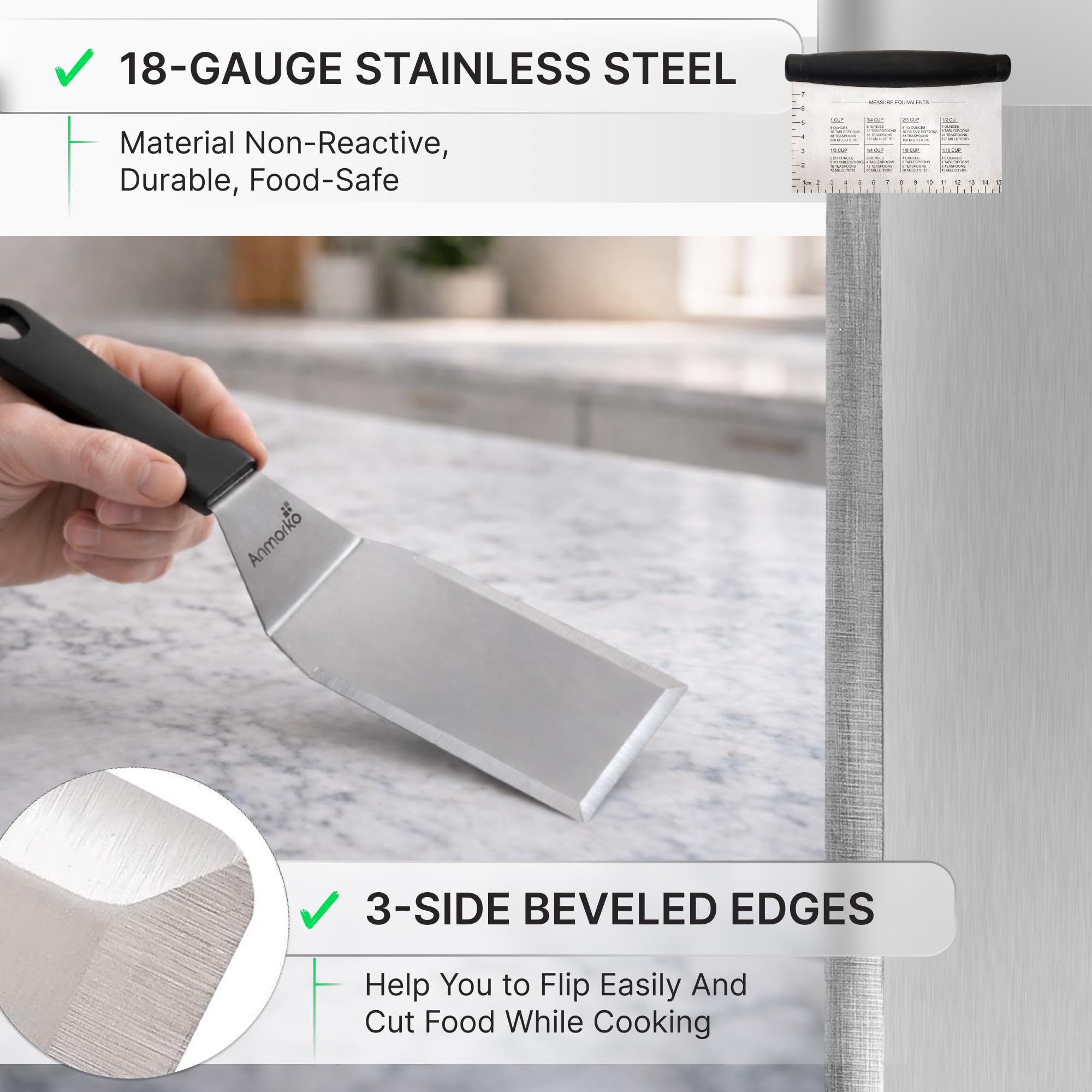 Close-up of Anmarko stainless steel spatula with ergonomic handle