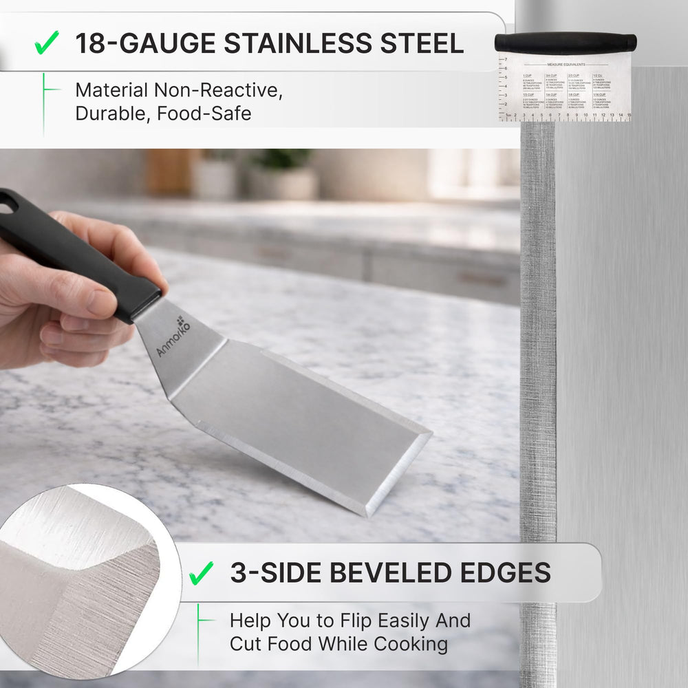 Close-up of Anmarko stainless steel spatula with ergonomic handle