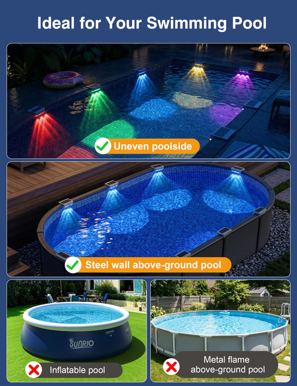 Close-up of APONUO solar pool light with adhesive pads