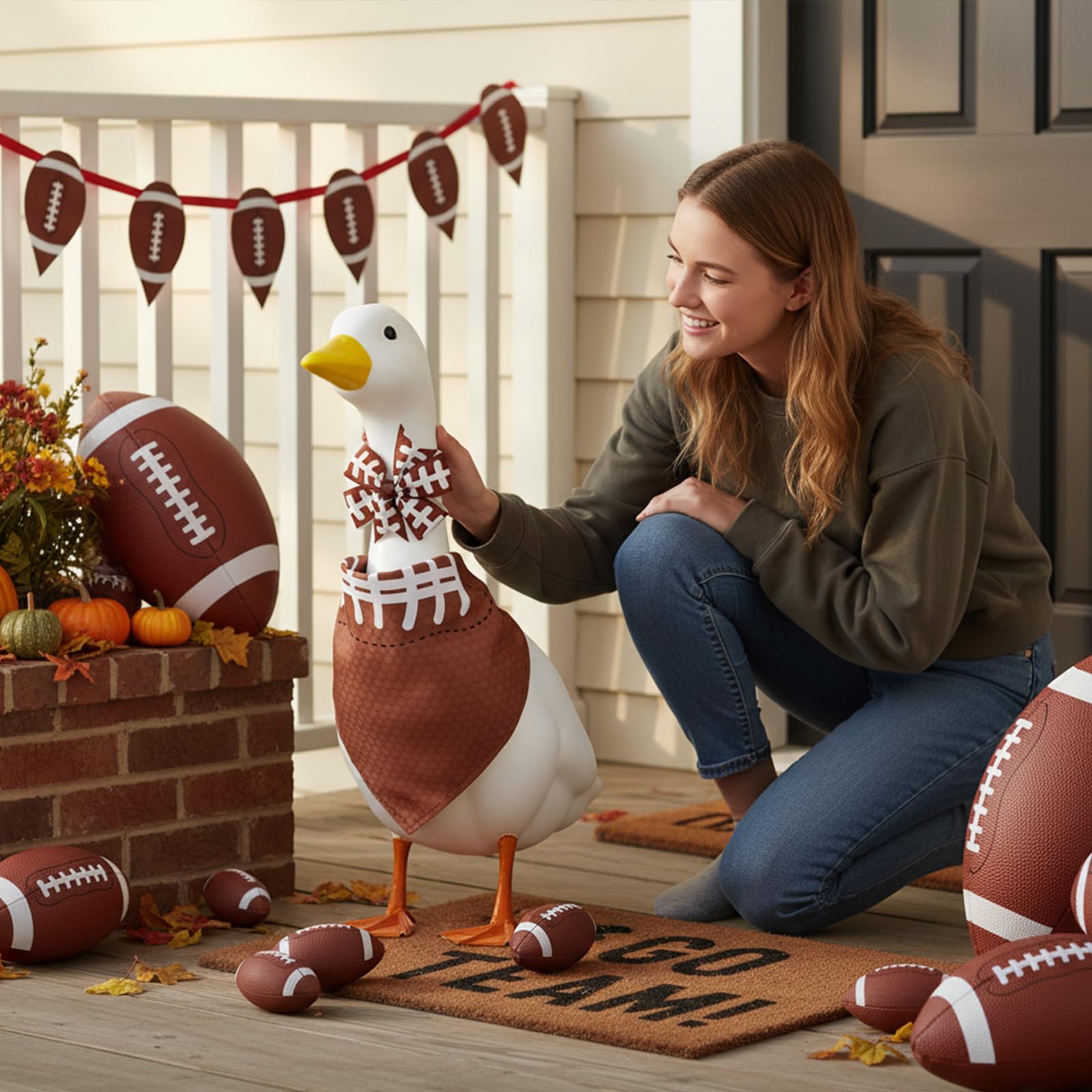 Close-up of Aposwow football-themed garden goose accessories