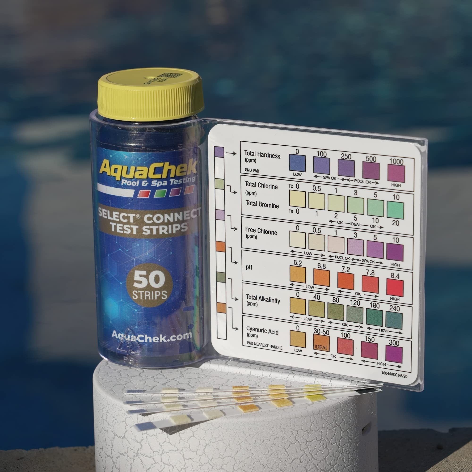 Close-up of AquaChek test strips showing colour pads