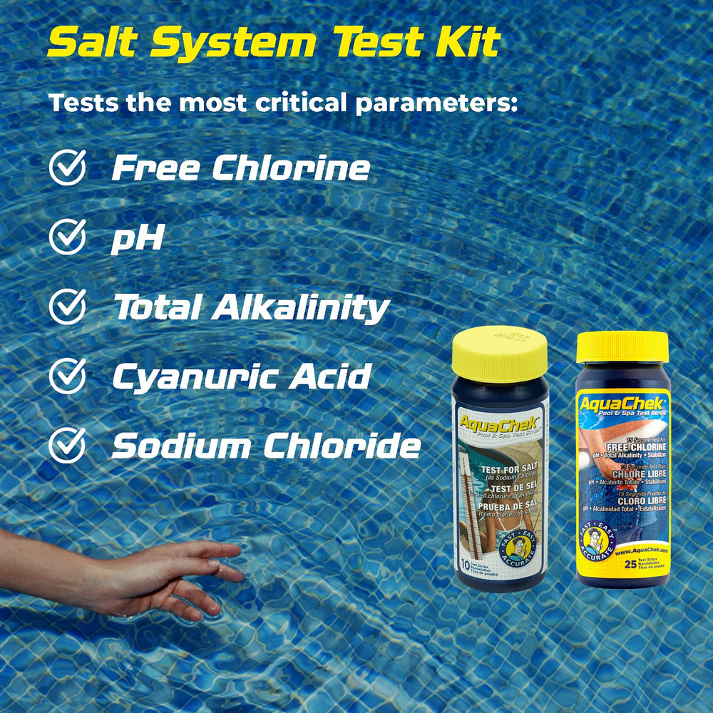 Close-up of AquaChek white salt test strips measuring sodium chloride levels