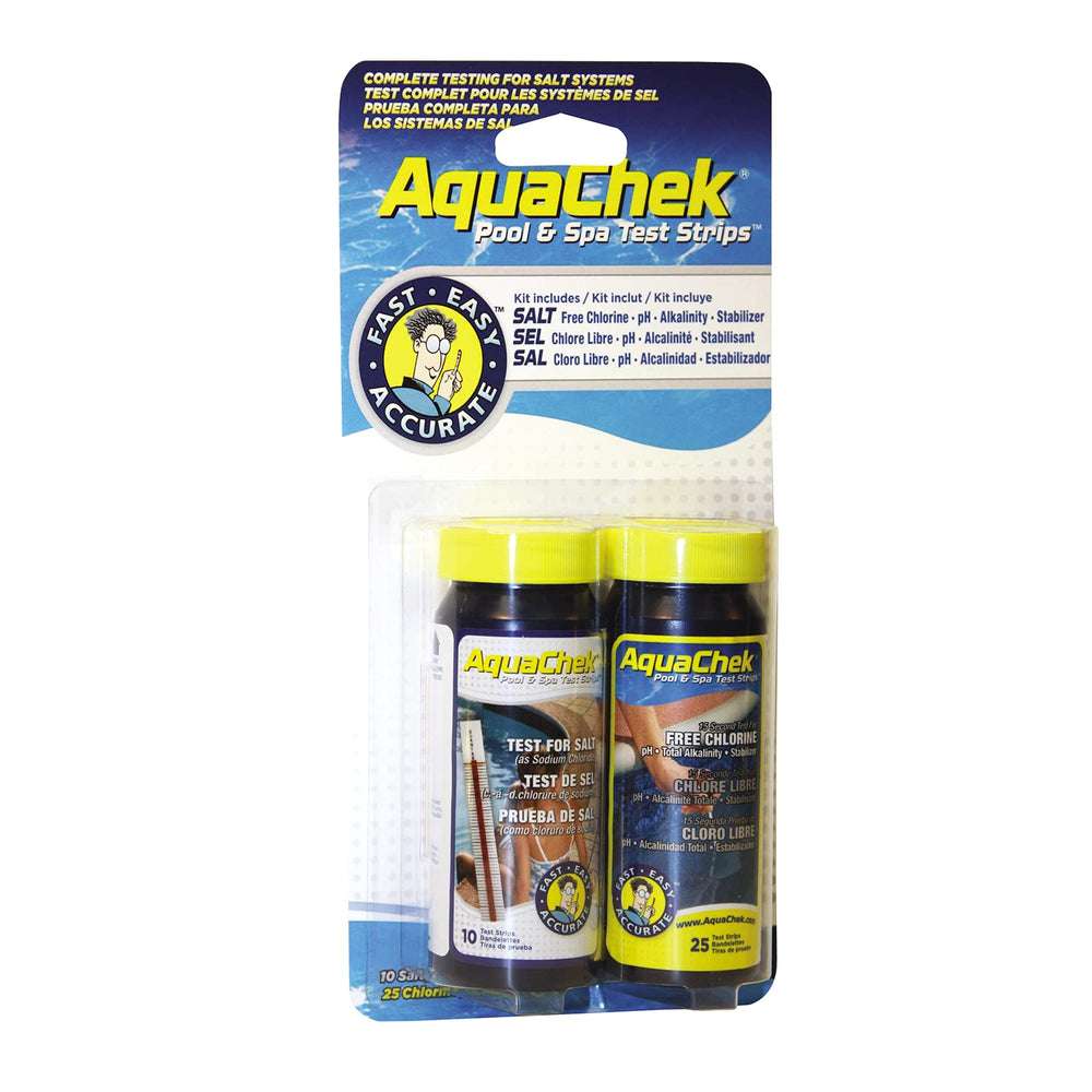 Close-up of AquaChek yellow 4-in-1 test strips for chlorine, pH, alkalinity