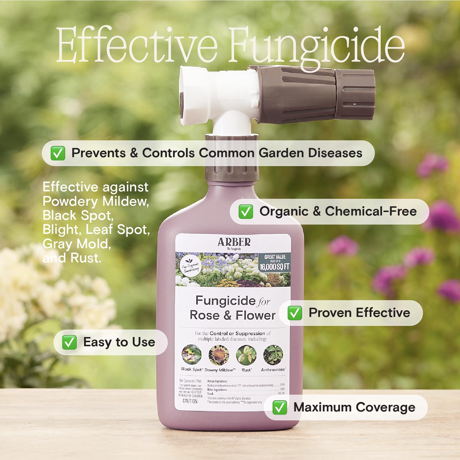 Close-up of ARBER Organic Rose Fungicide label and ingredients