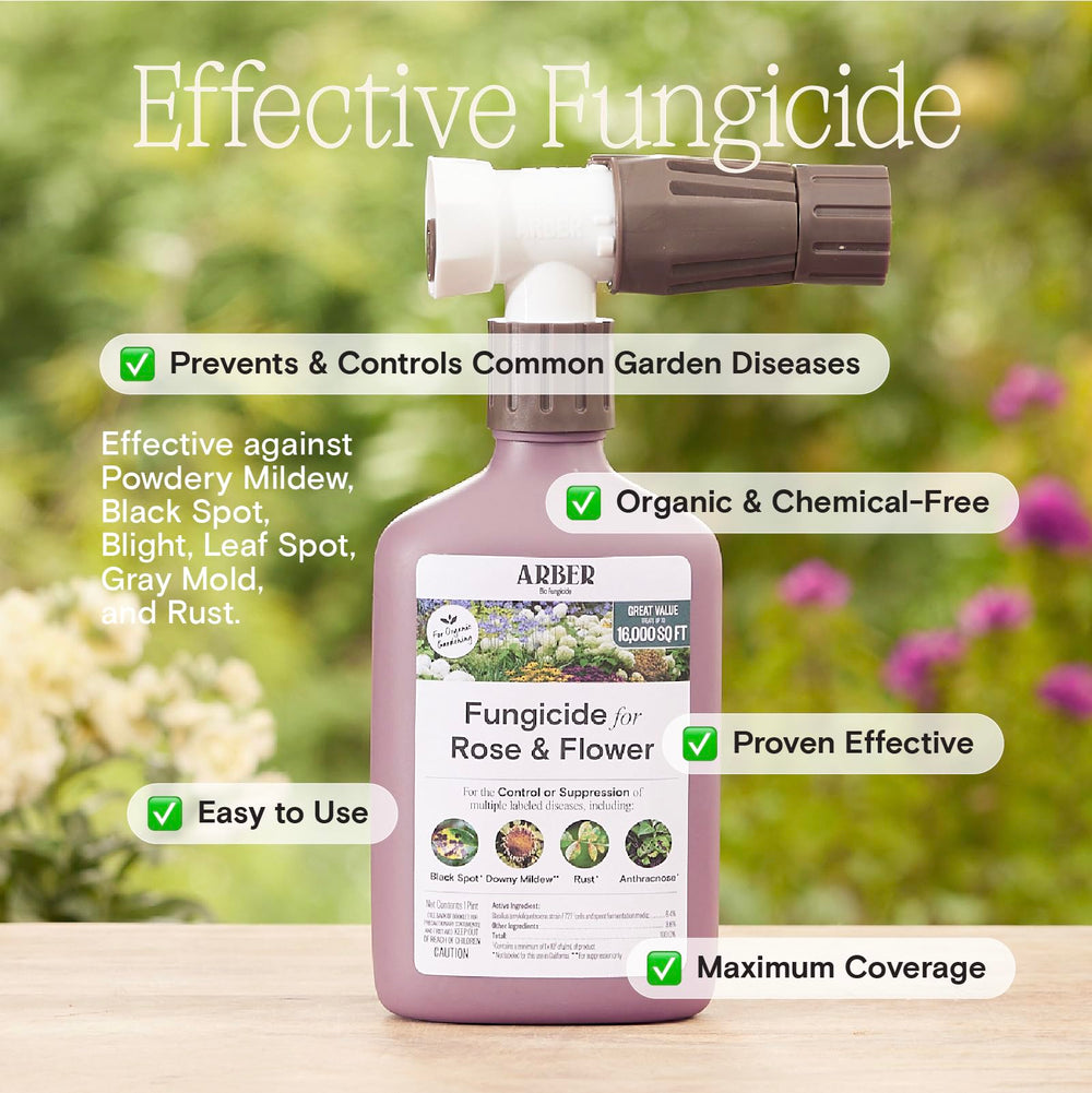 Close-up of ARBER Organic Rose Fungicide label and ingredients