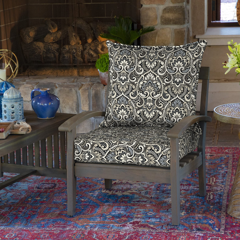 Close-up of Arden Selections Black Aurora Damask cushion back