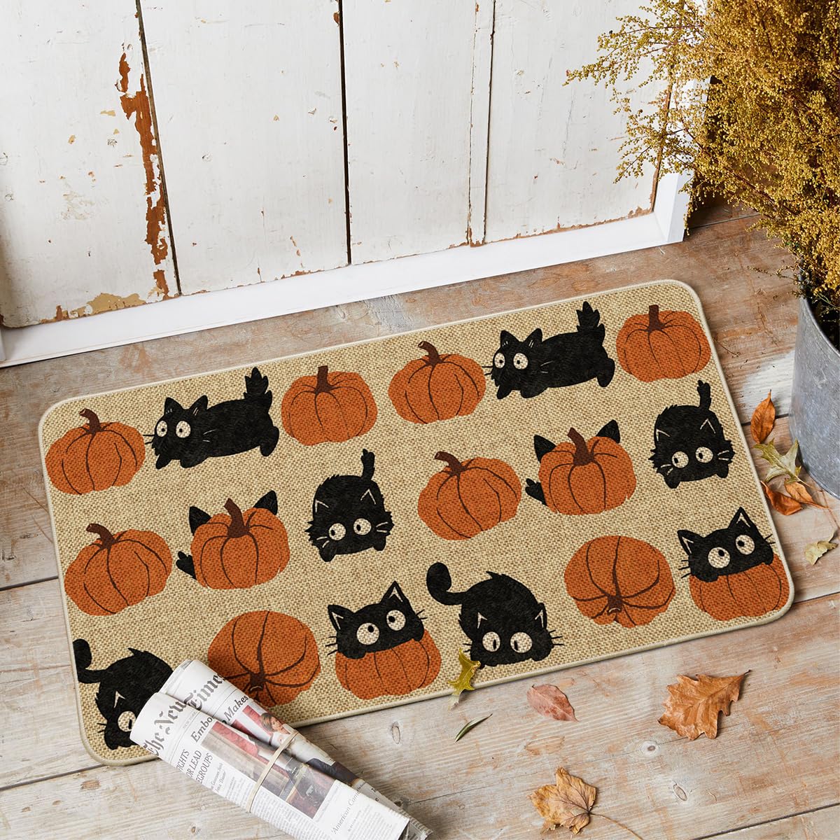 Close-up of Artoid Mode Cute Pumpkin Black Cat Doormat pattern