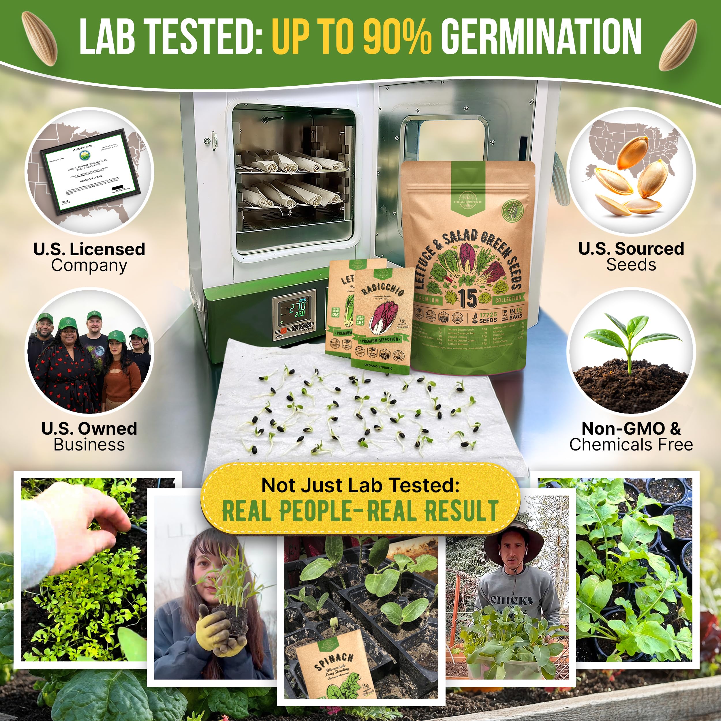 Close-up of Arugula and Kale seeds from the Organo Republic pack