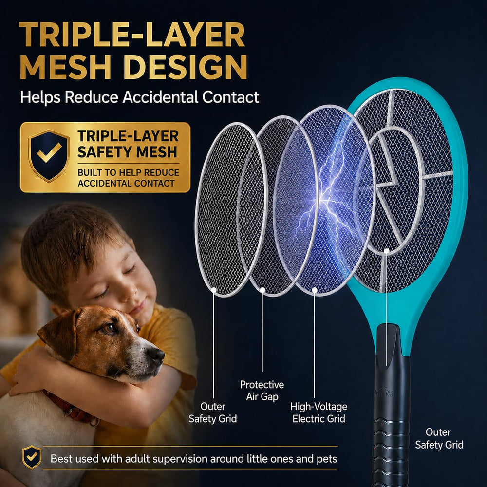 Close-up of ASISNAI Bug Zapper Racket's safety mesh design