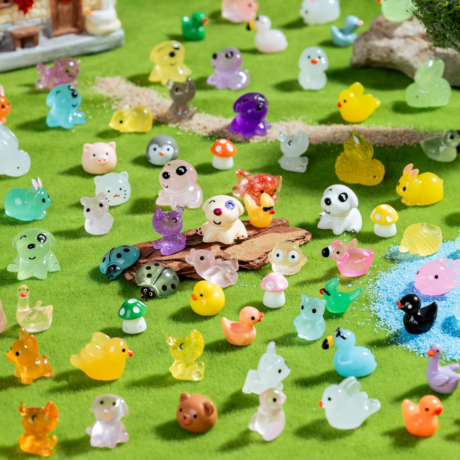 Close-up of assorted mini resin animal figurines