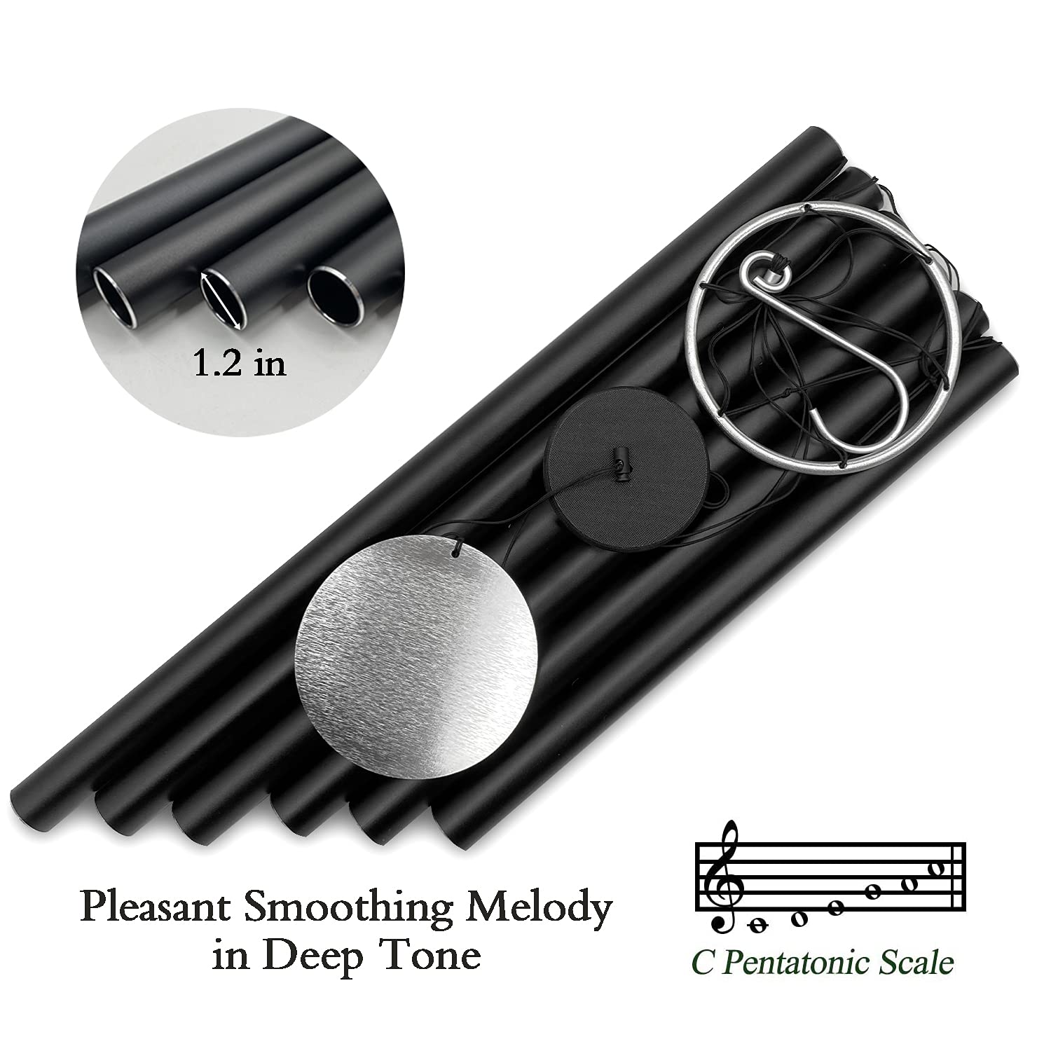 Close-up of ASTARIN black wind chimes tubes