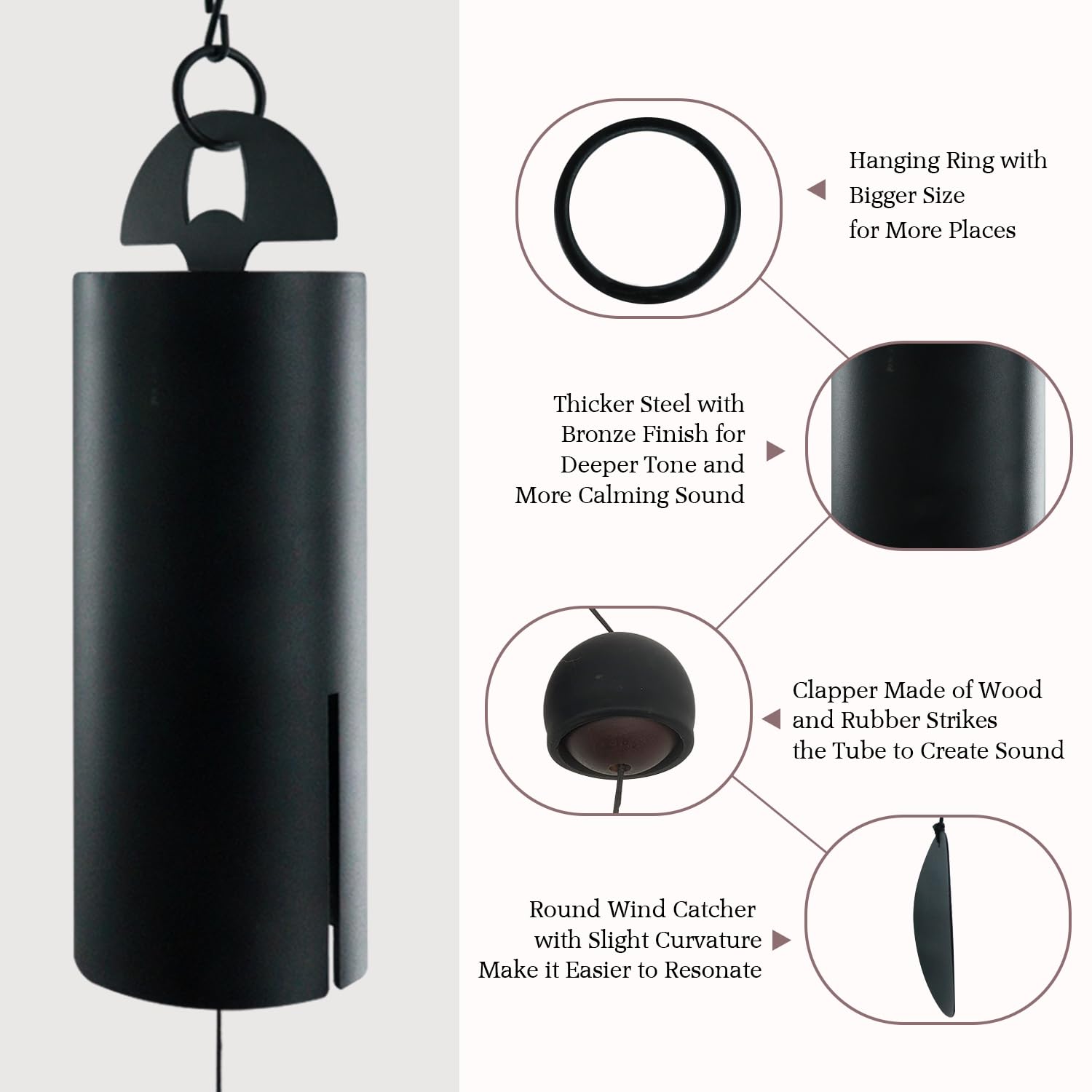 Close-up of ASTARIN wind chimes showing deep tone tubes