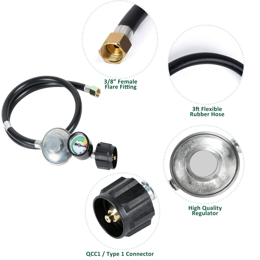 Close-up of ATKKE propane hose regulator gauge