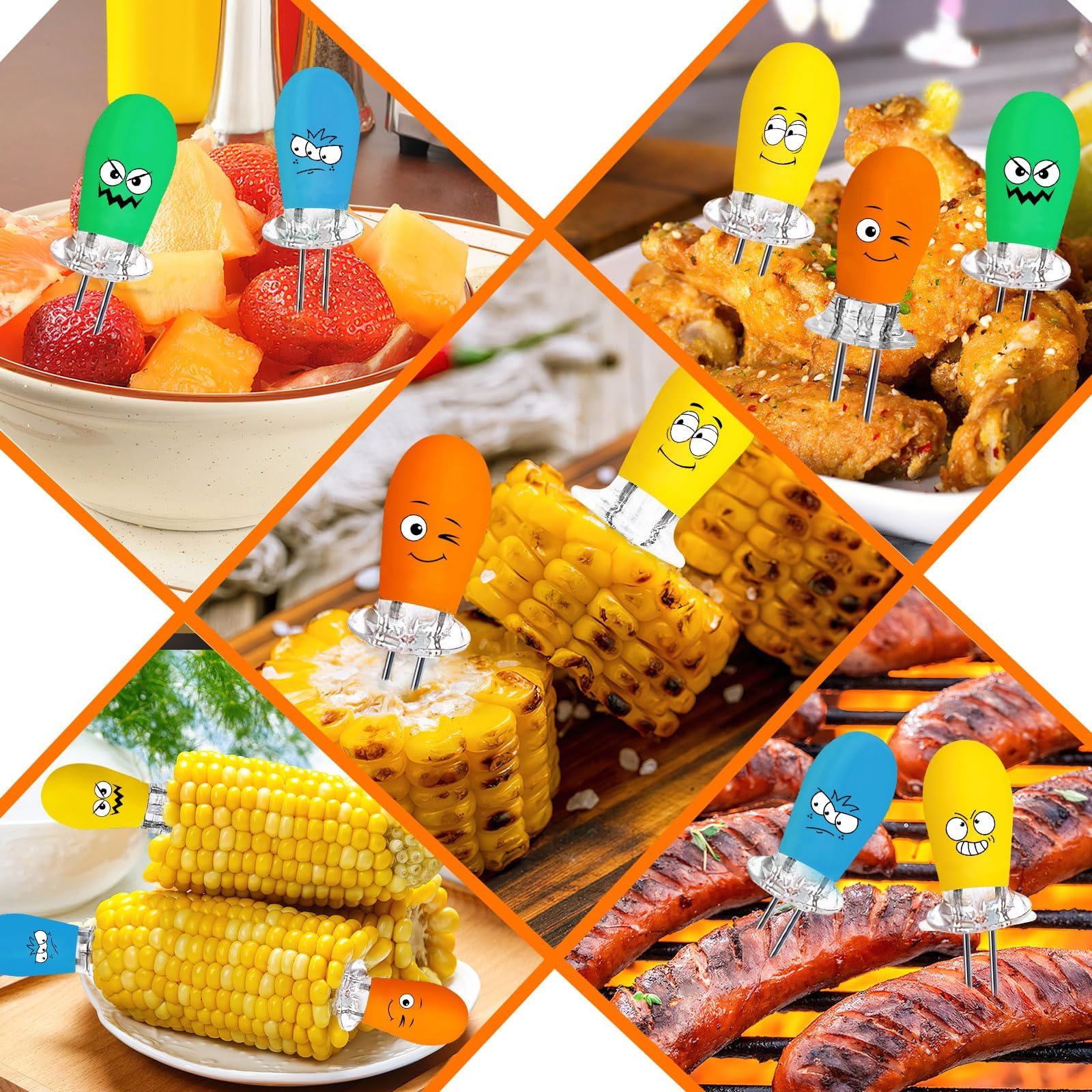 Close-up of AUGSUN Corn Holders with funny faces