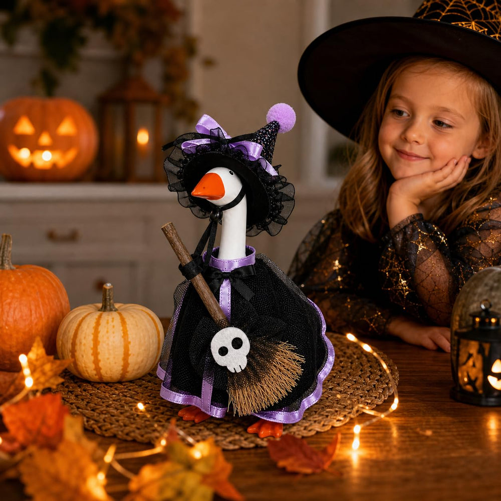 Close-up of Aurexan Halloween Purple Wizard desk goose outfit