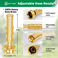 Close-up of AUTOMAN Brass Hose Nozzle showing adjustable spray feature