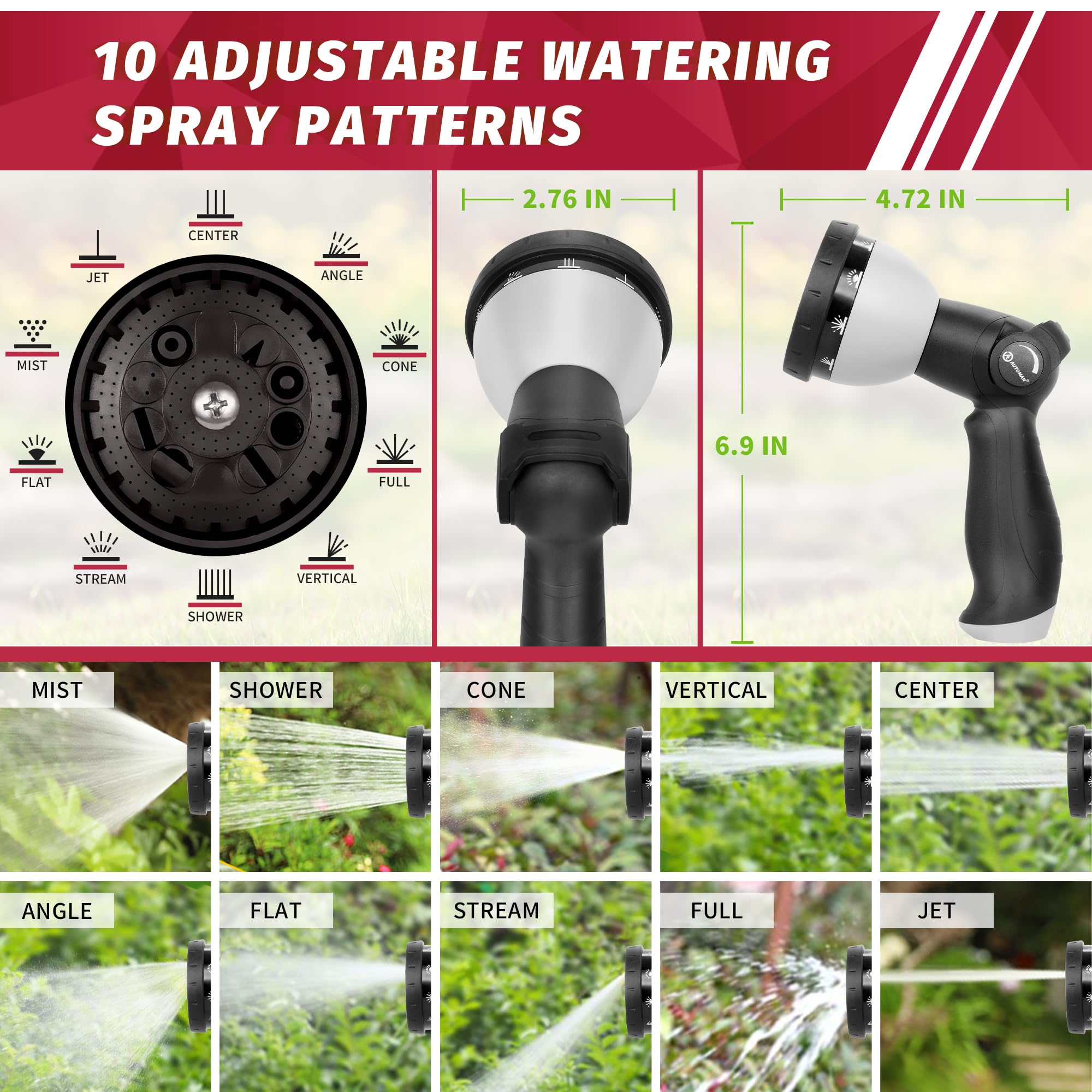 Close-up of AUTOMAN garden hose nozzle showing thumb control