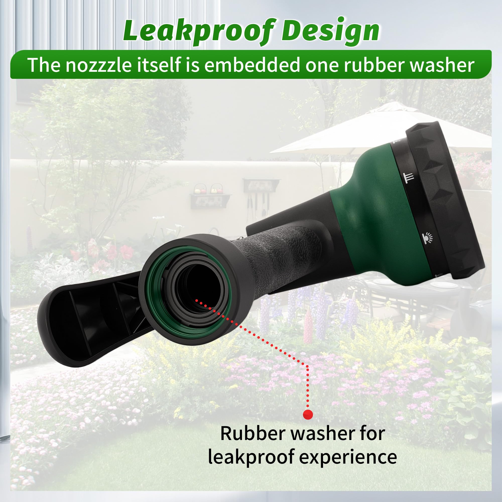 Close-up of AUTOMAN Garden Hose Nozzle spray pattern settings