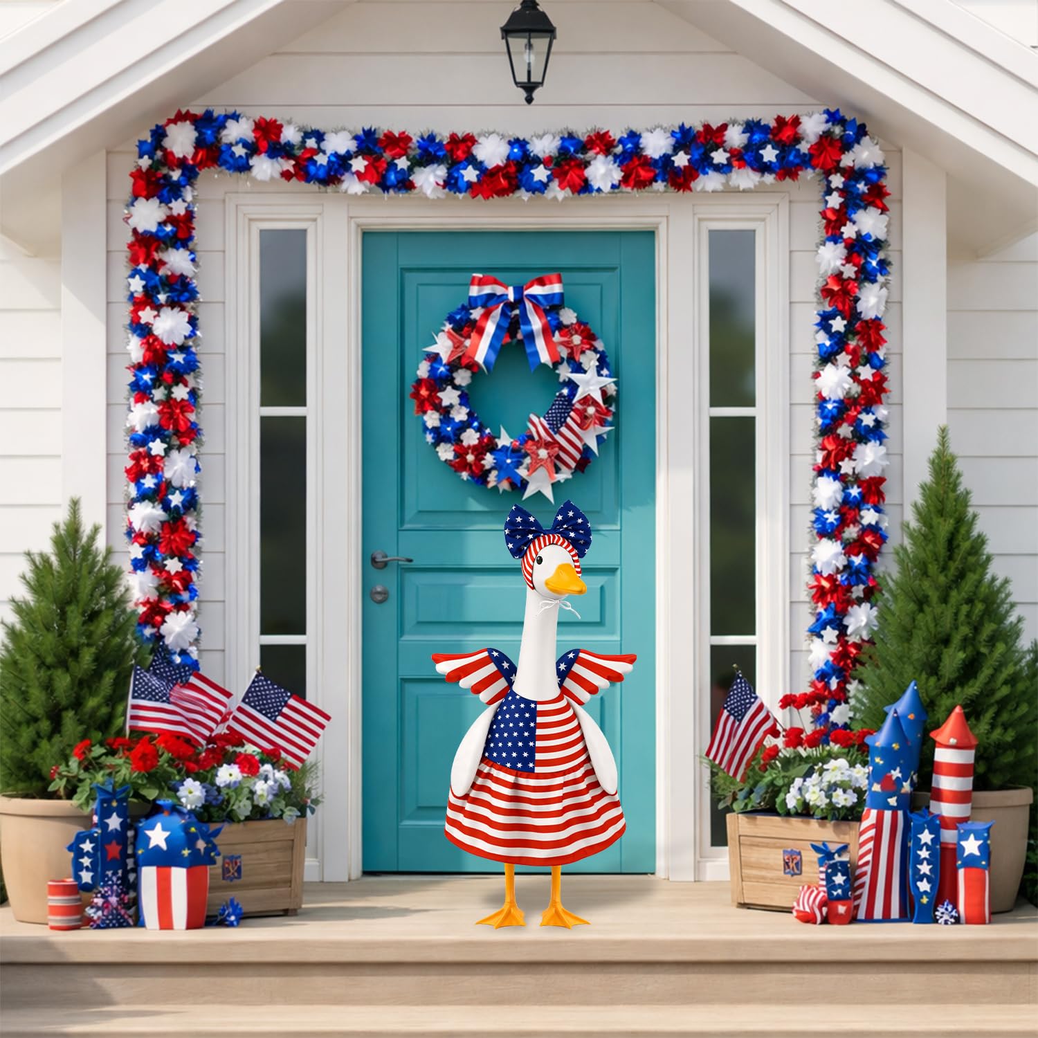 Close-up of Aymolas patriotic goose outfit featuring American flag pattern