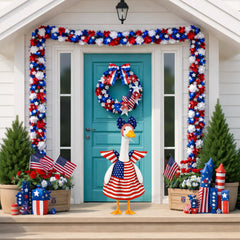 Close-up of Aymolas patriotic goose outfit featuring American flag pattern