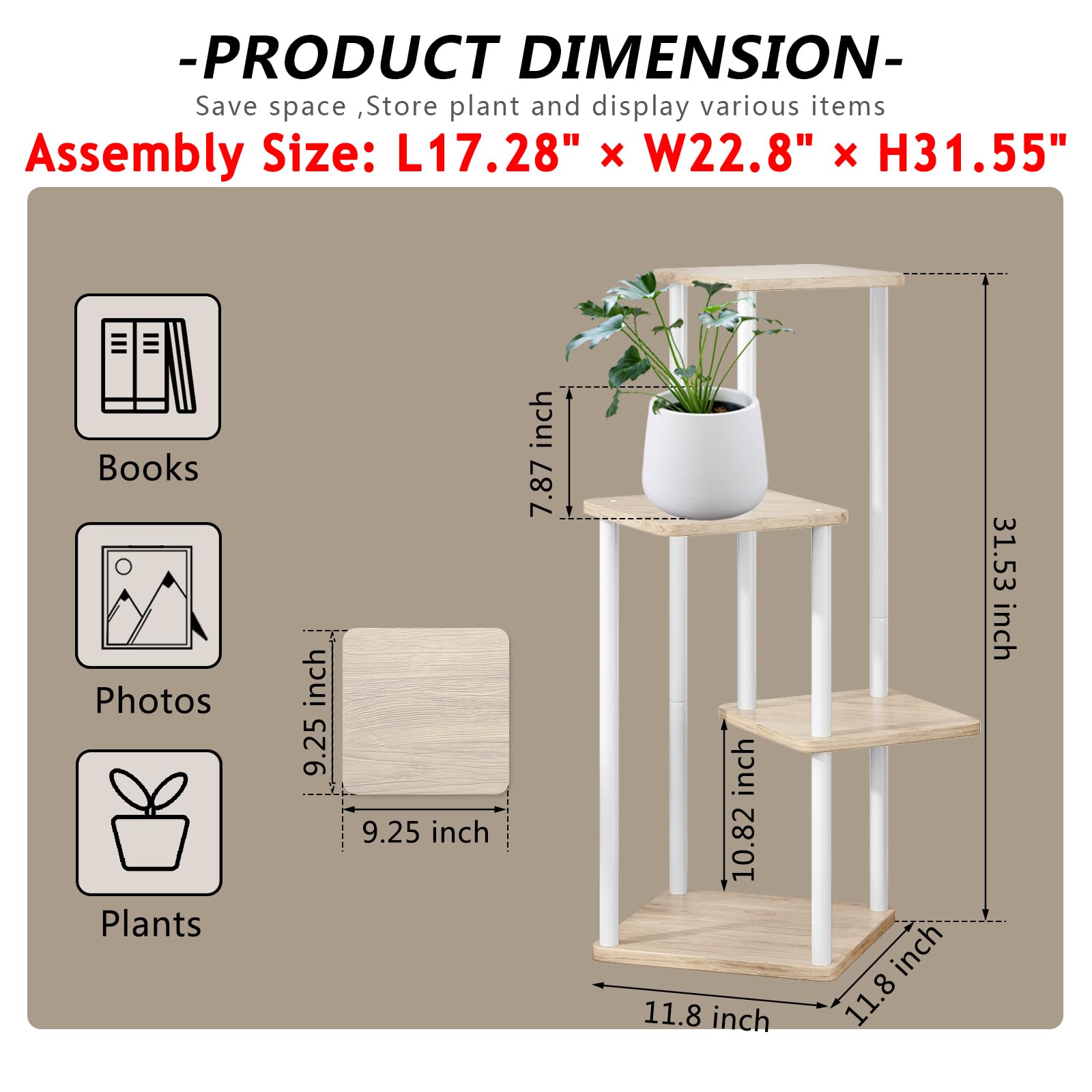 Close-up of AZERPIAN plant stand materials showing metal and MDF