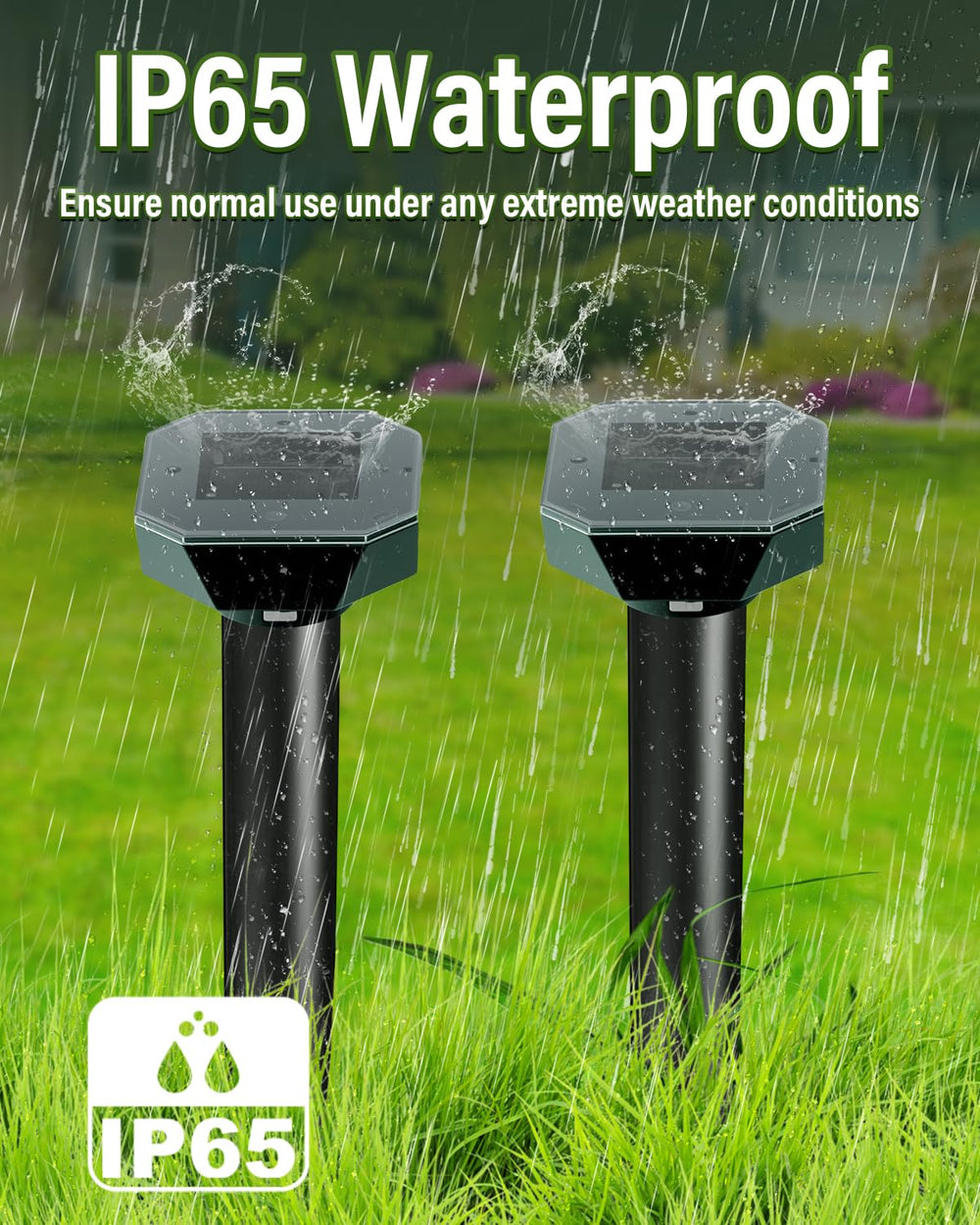 Close-up of AZQPOD Pest Repellent stake in lawn