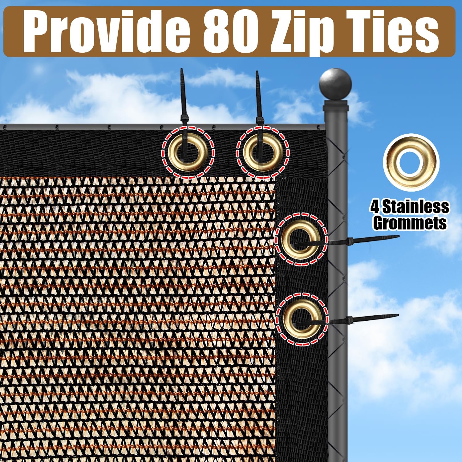 Close-up of BADAO privacy screen grommets and zip ties