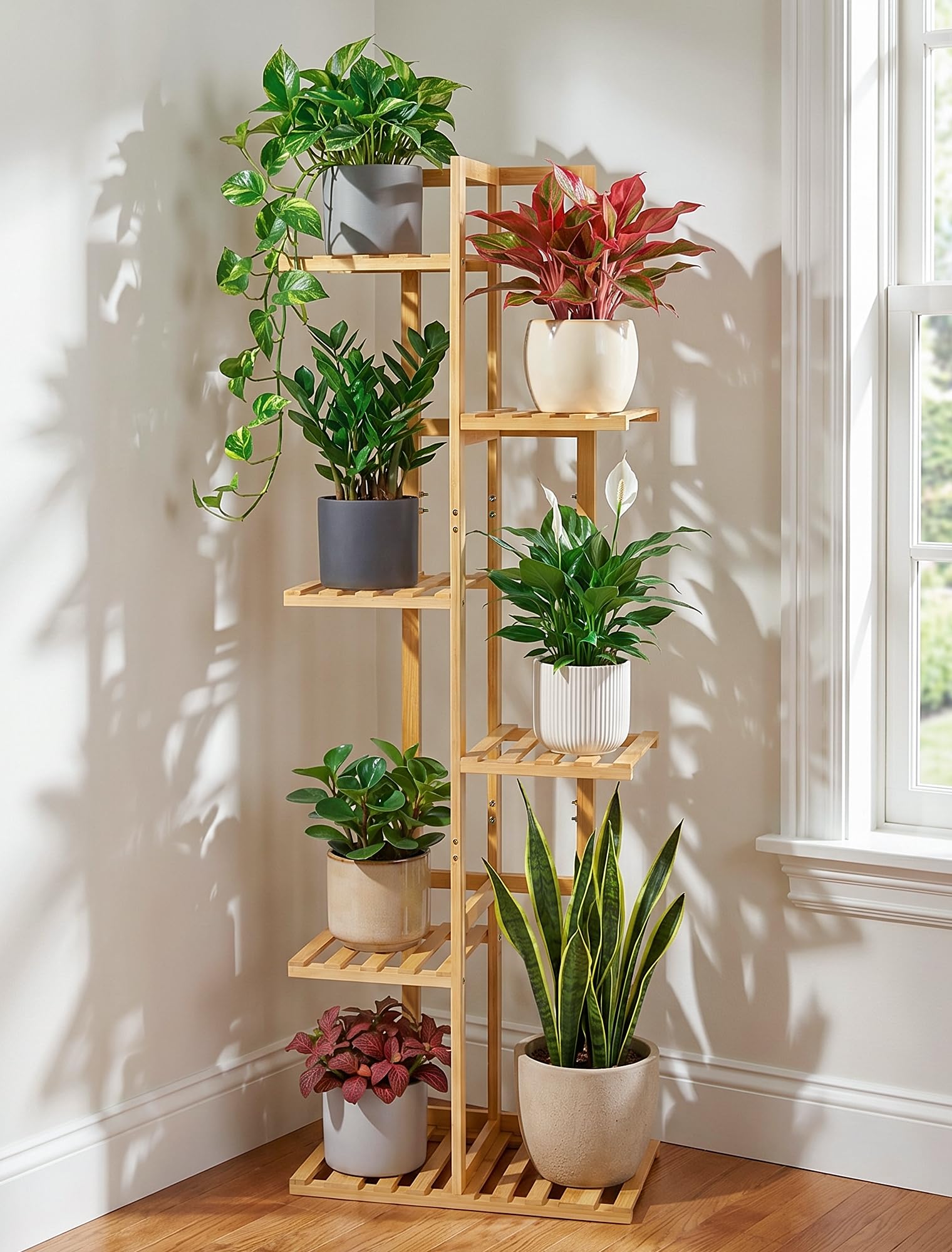 Close-up of bamboo texture on ROSSNY 6 Tier Plant Stand