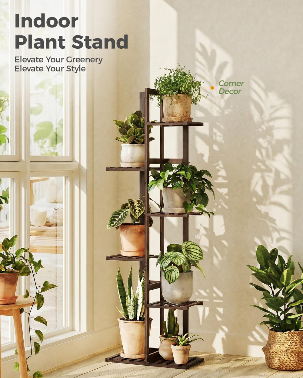 Close-up of Bamworld Bamboo Plant Stand showing natural grain finish