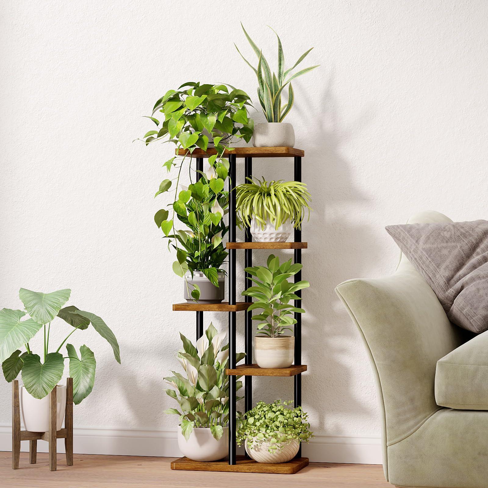 Close-up of Bamworld plant stand's sturdy metal construction