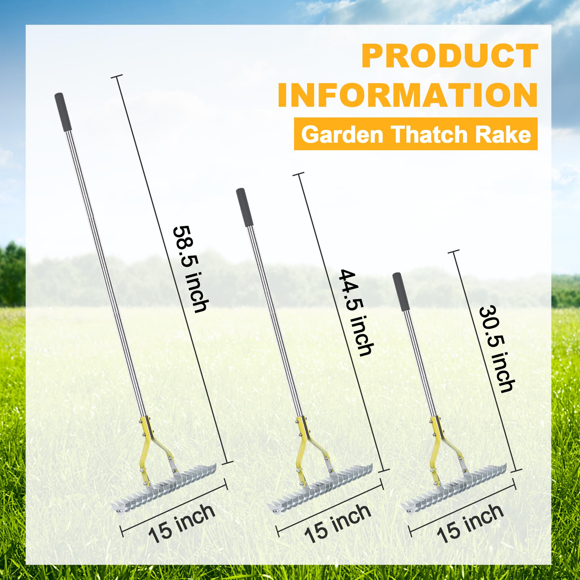 Close-up of BARAYSTUS Thatch Rake adjustable stainless steel handle