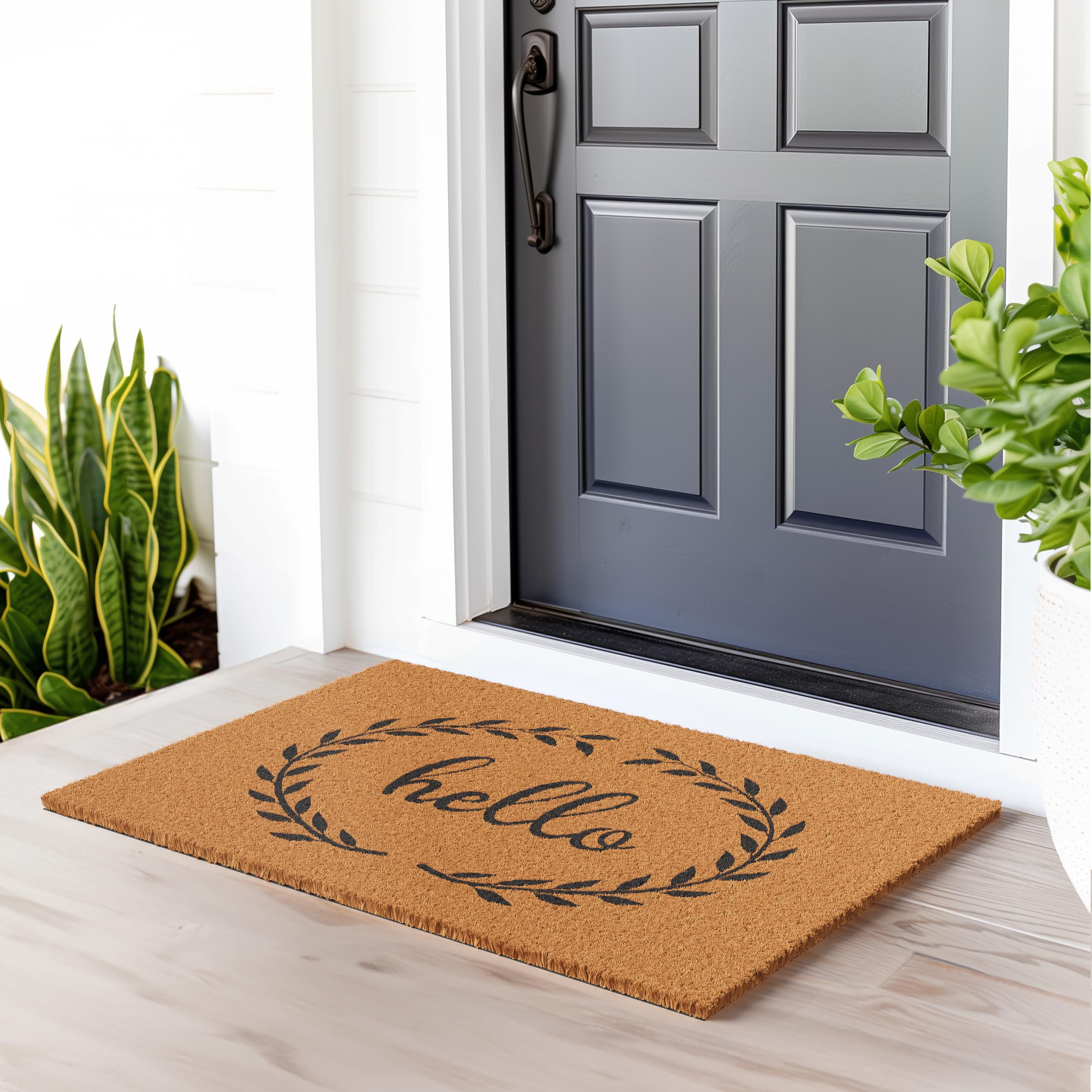 Close-up of Barnyard Designs Hello Wreath Doormat showing coir texture