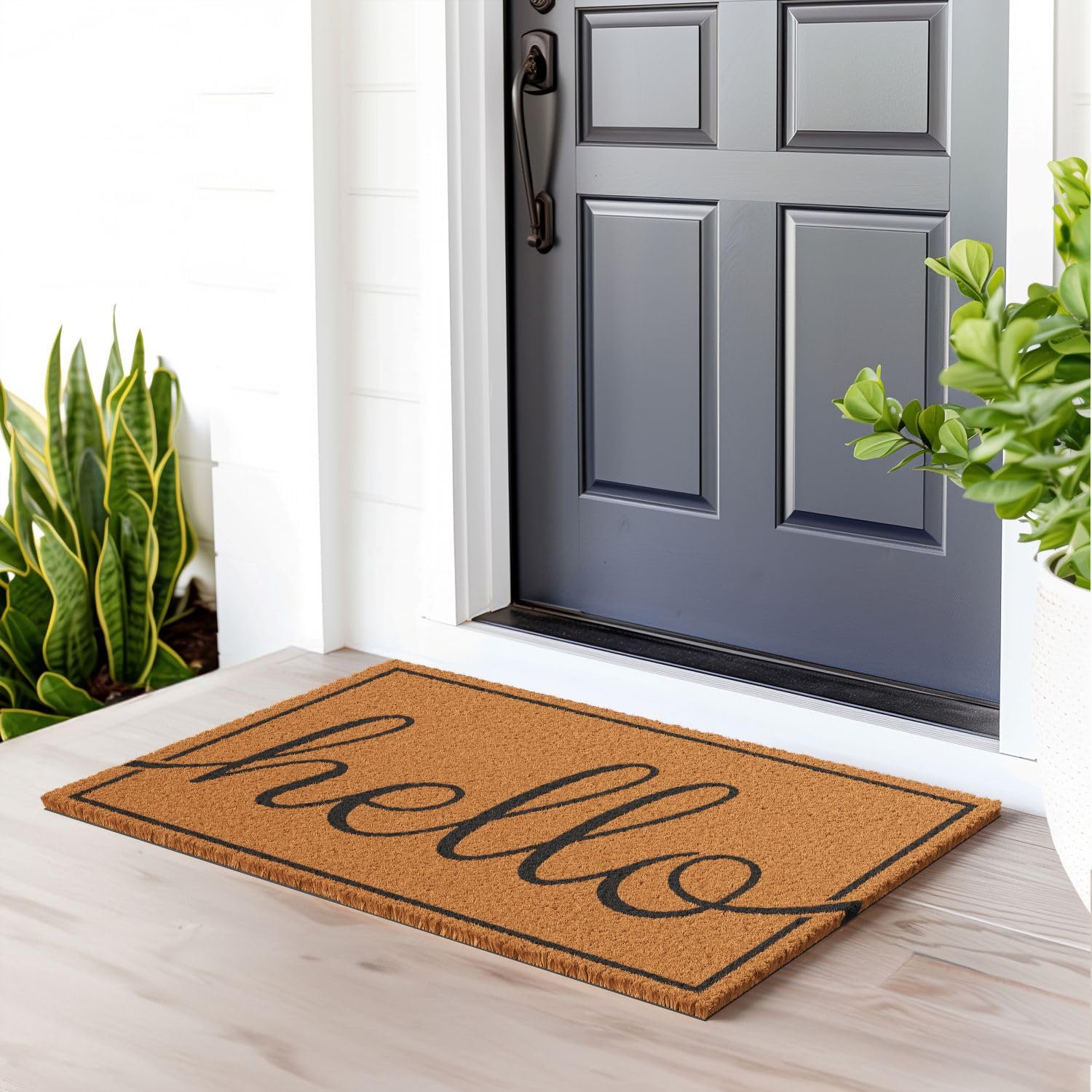 Close-up of Barnyard Designs Natural Coco Coir Doormat with Hello script