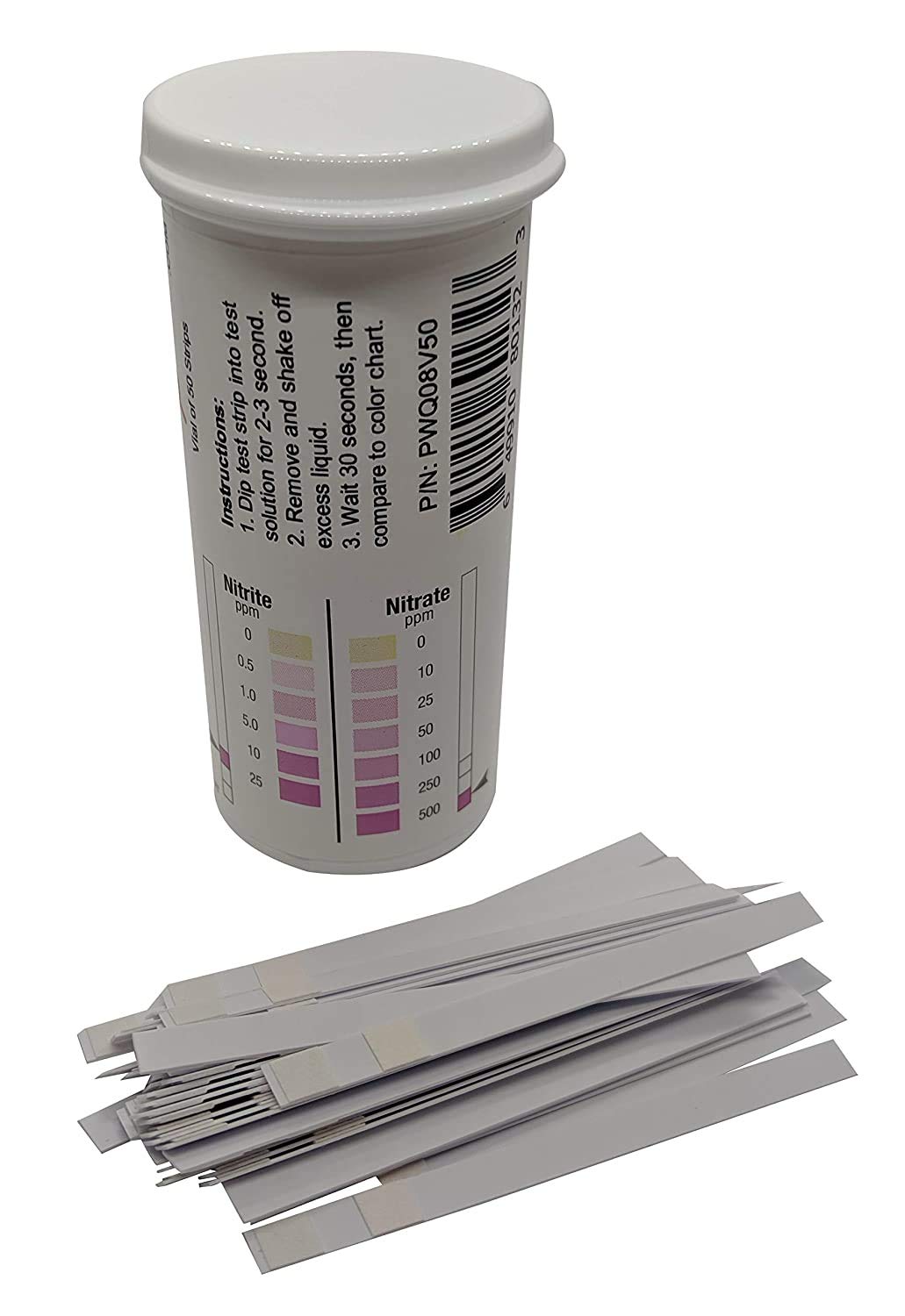 Close-up of Bartovation Nitrite Nitrate Test Strips showing color chart