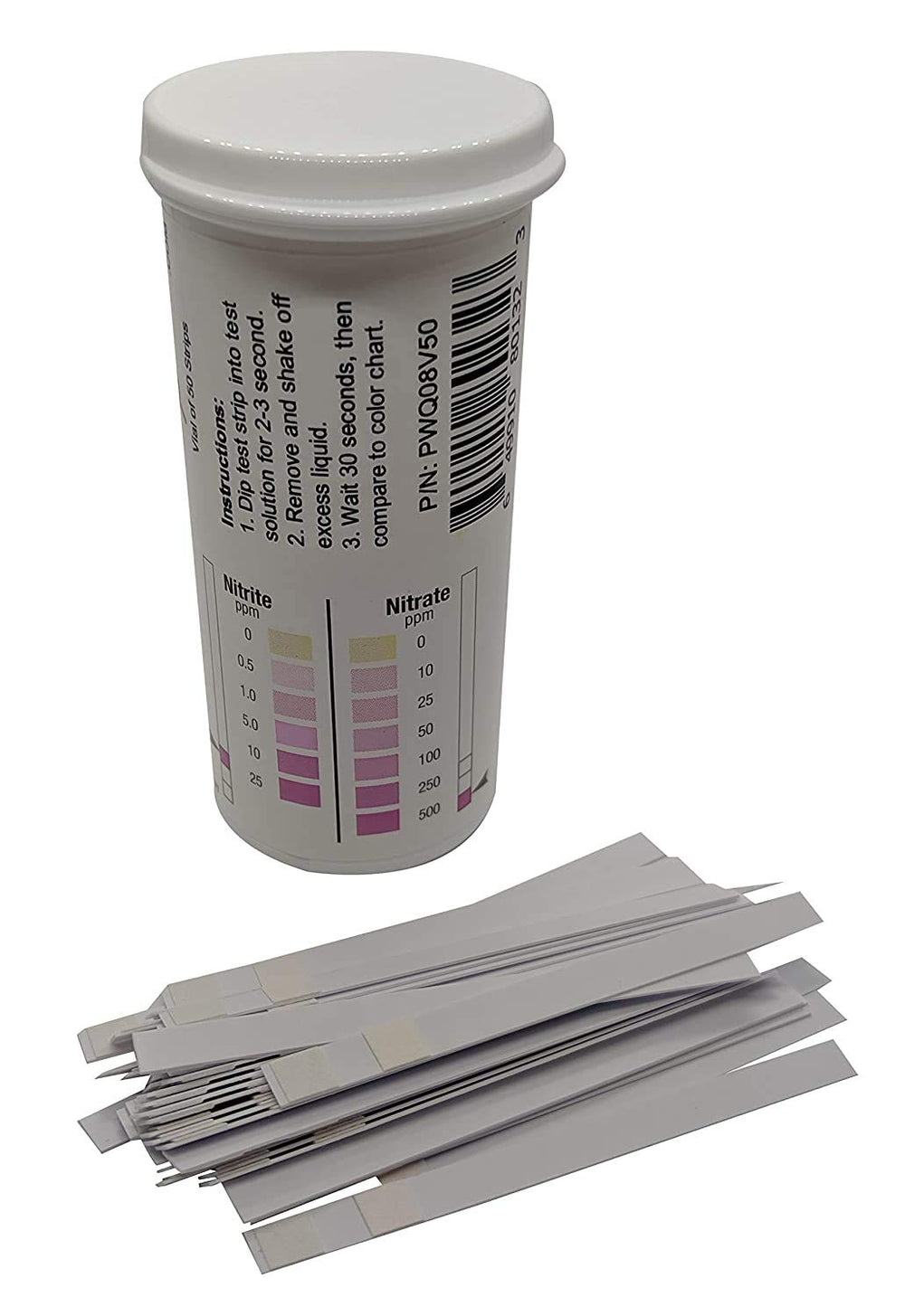Close-up of Bartovation Nitrite Nitrate Test Strips showing color chart