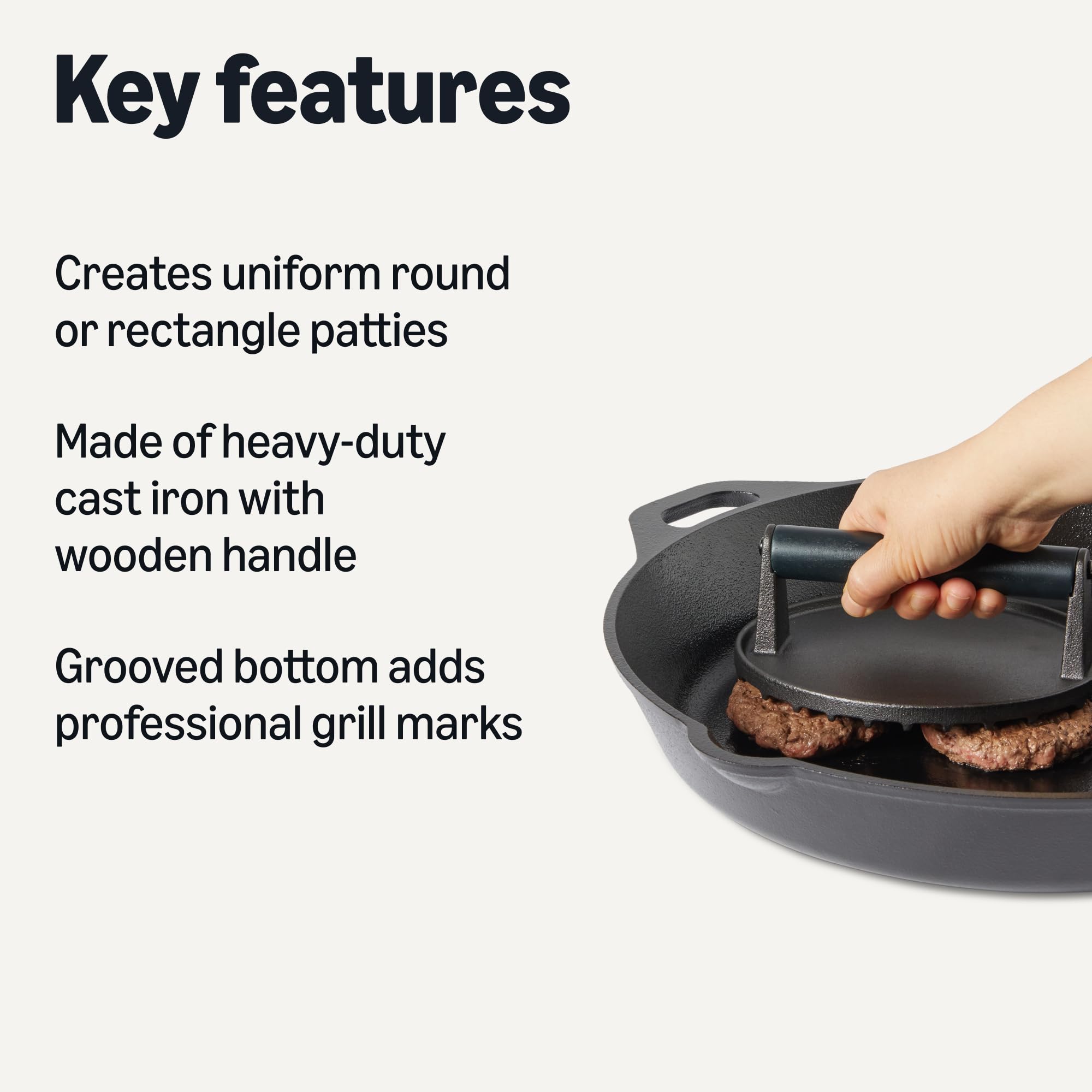 Close-up of Basics round burger press with wooden handle