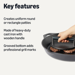 Close-up of Basics round burger press with wooden handle