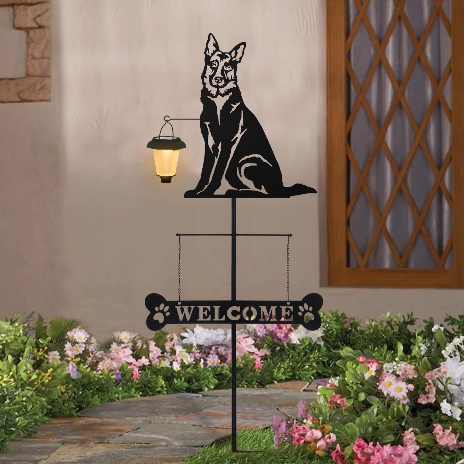 Close-up of BAYN German Shepherd silhouette with welcome sign