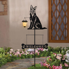 Close-up of BAYN German Shepherd silhouette with welcome sign