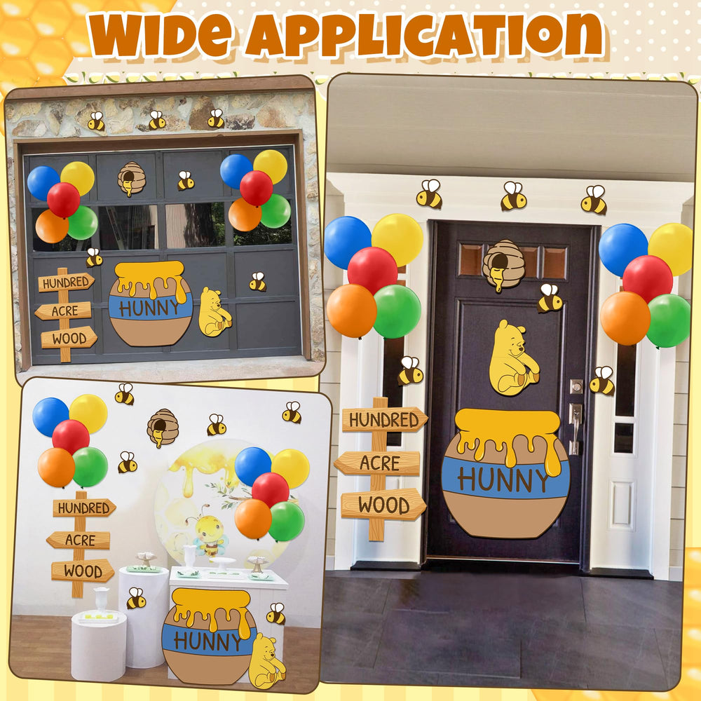 Close-up of bee cutouts and honey jars from decoration kit