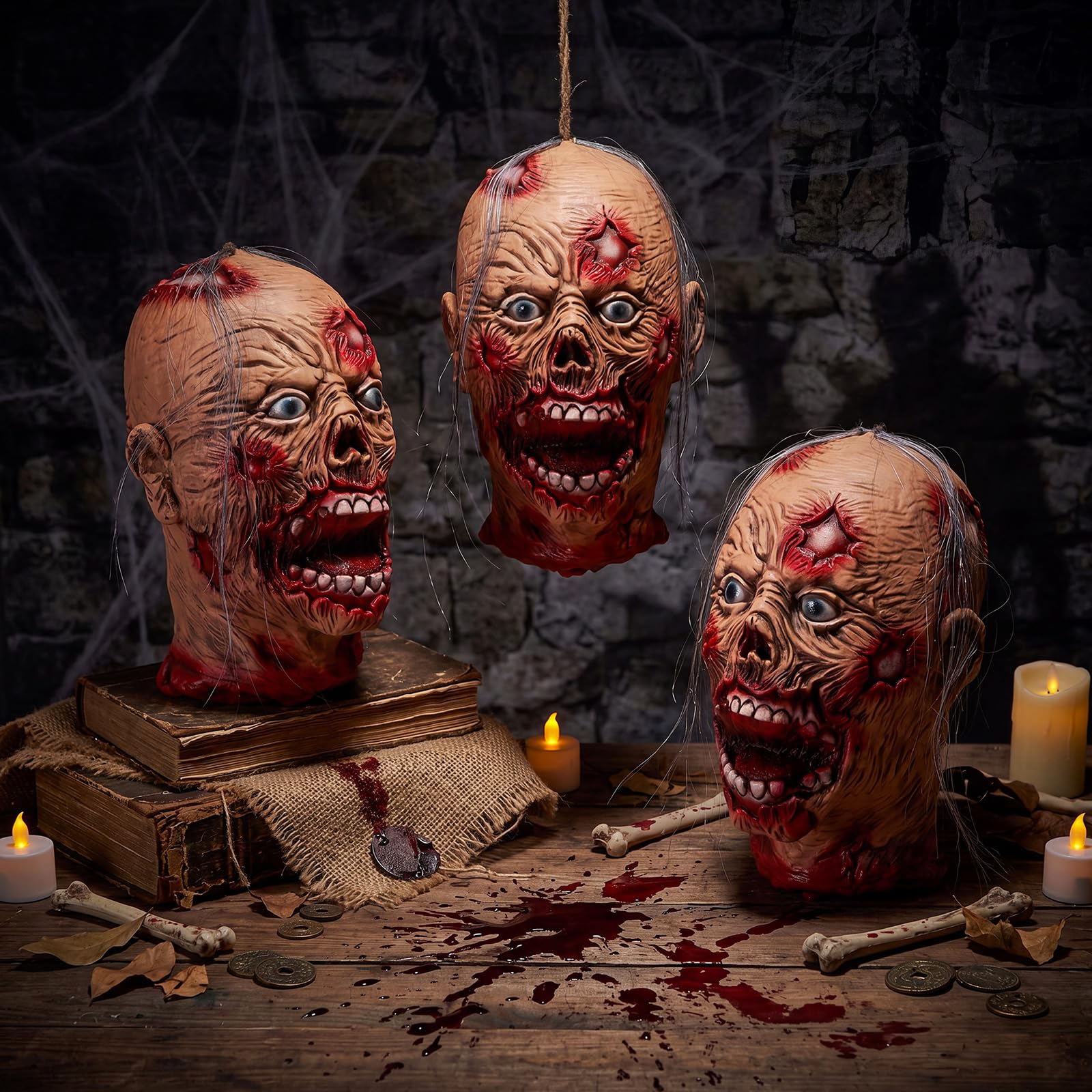 Close-up of Beeveer severed zombie head prop detailing wounds