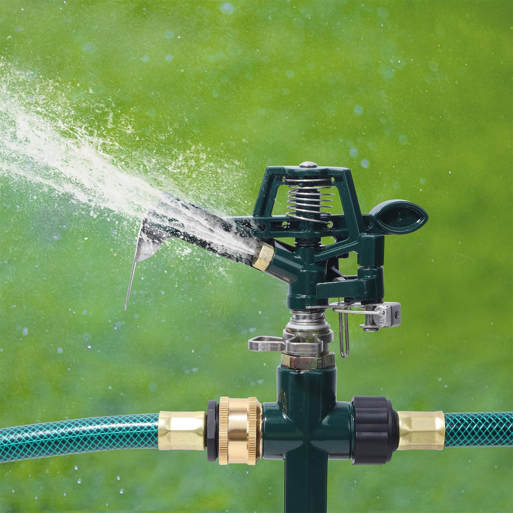 Close-up of Biswing impact sprinkler head showing adjustable nozzle