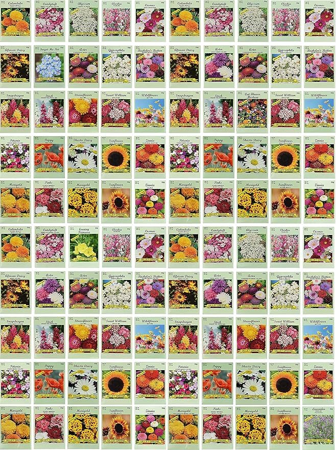 Close-up of Black Duck flower seed packets featuring sunflower and marigold