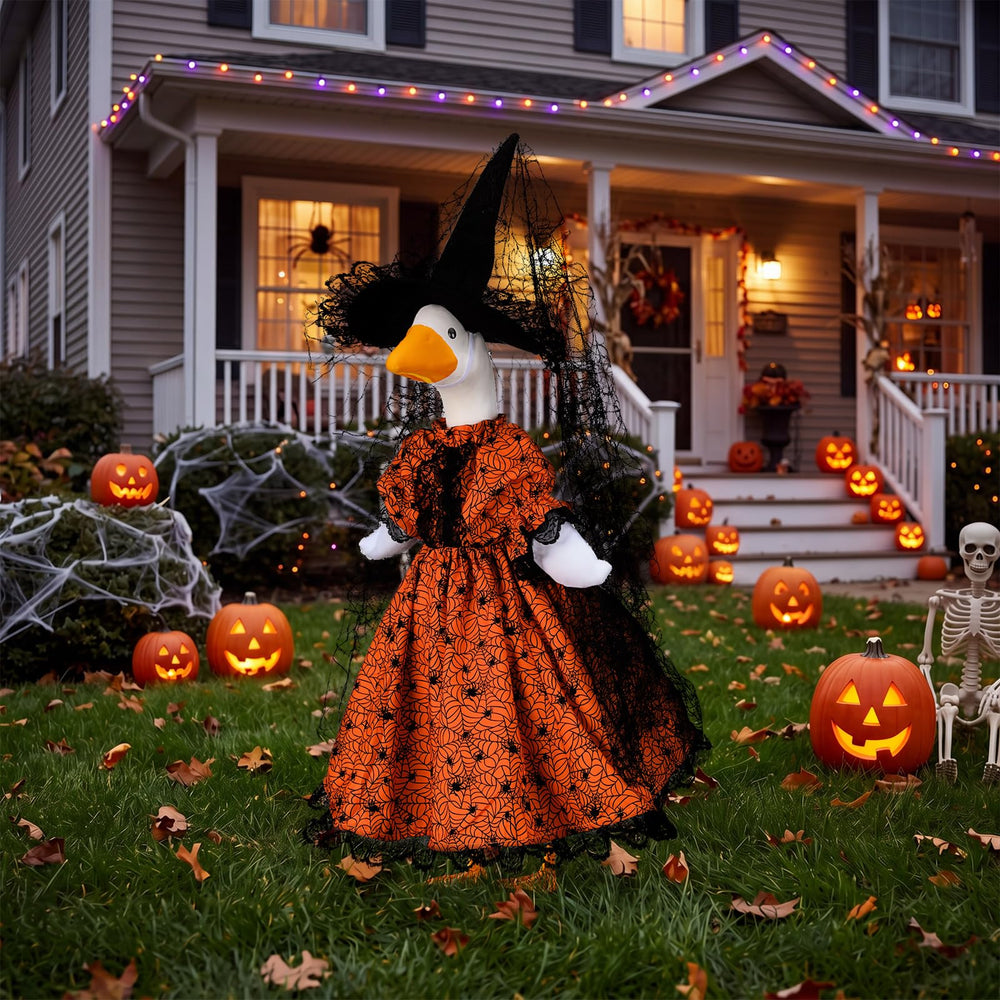Close-up of black lace trim on Halloween porch goose costume
