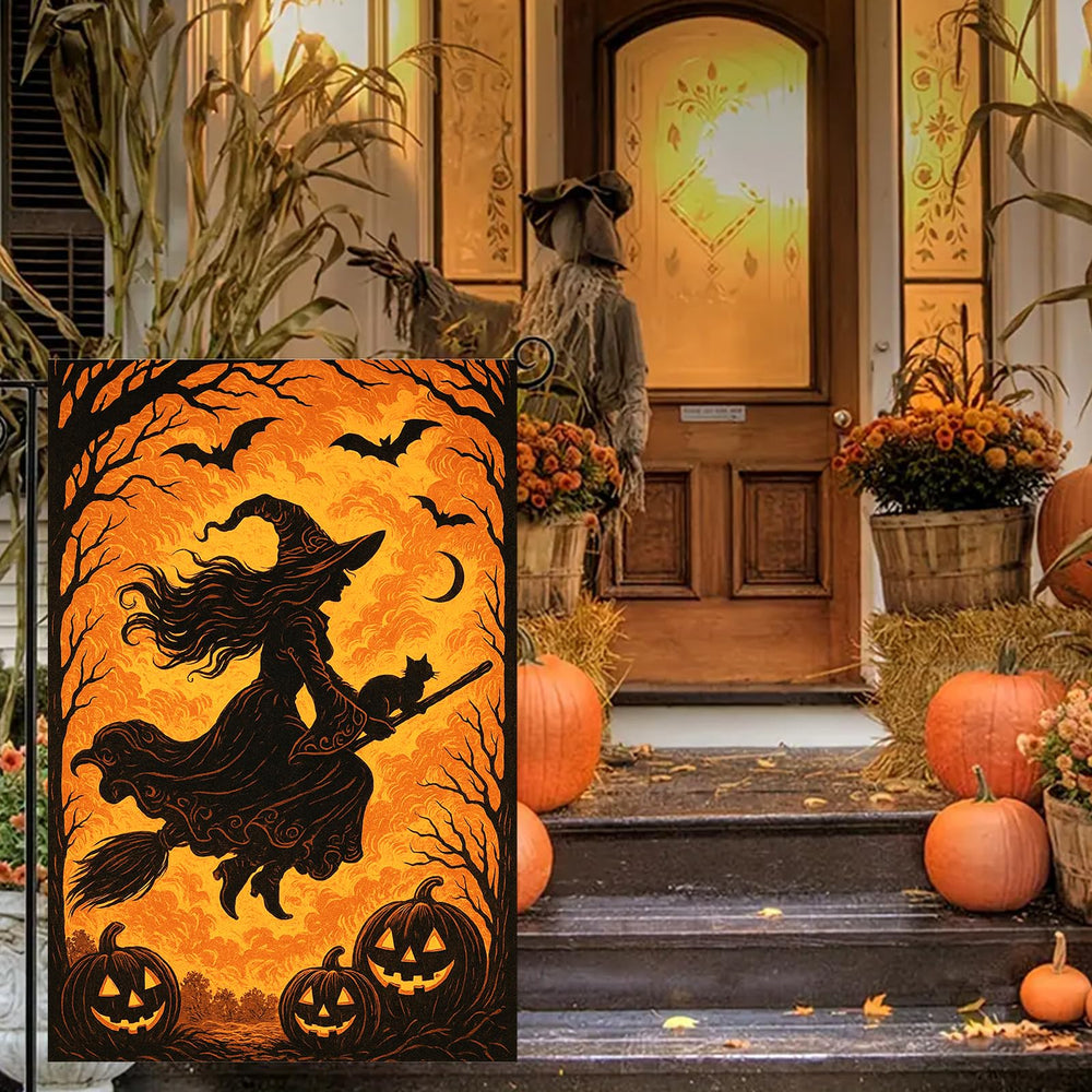 Close-up of BlissYard Halloween flag showing witch and black cat detail