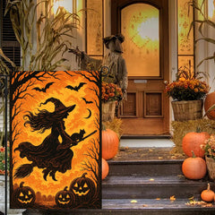 Close-up of BlissYard Halloween flag showing witch and black cat detail