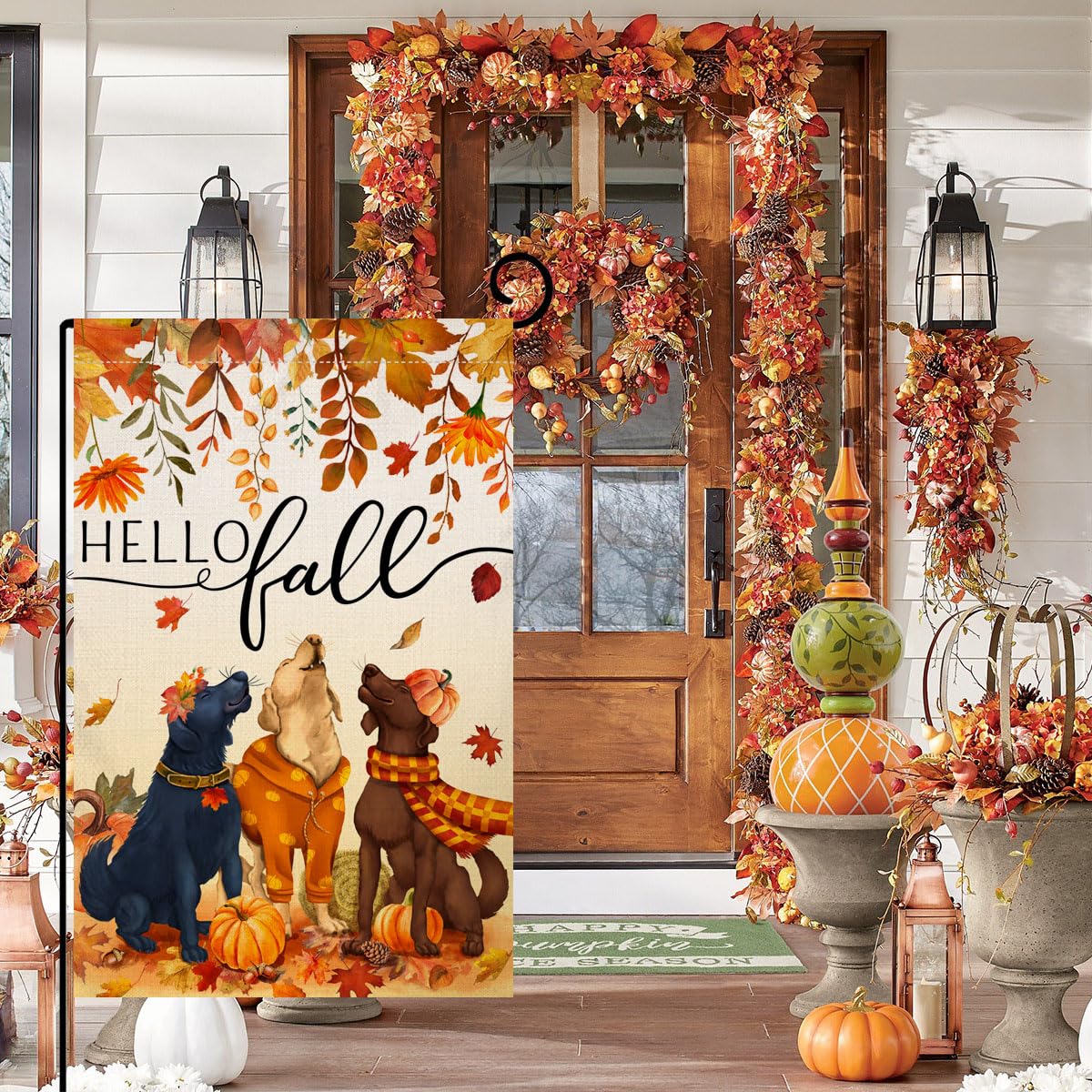 Close-up of BLKWHT Fall Dog Garden Flag burlap texture