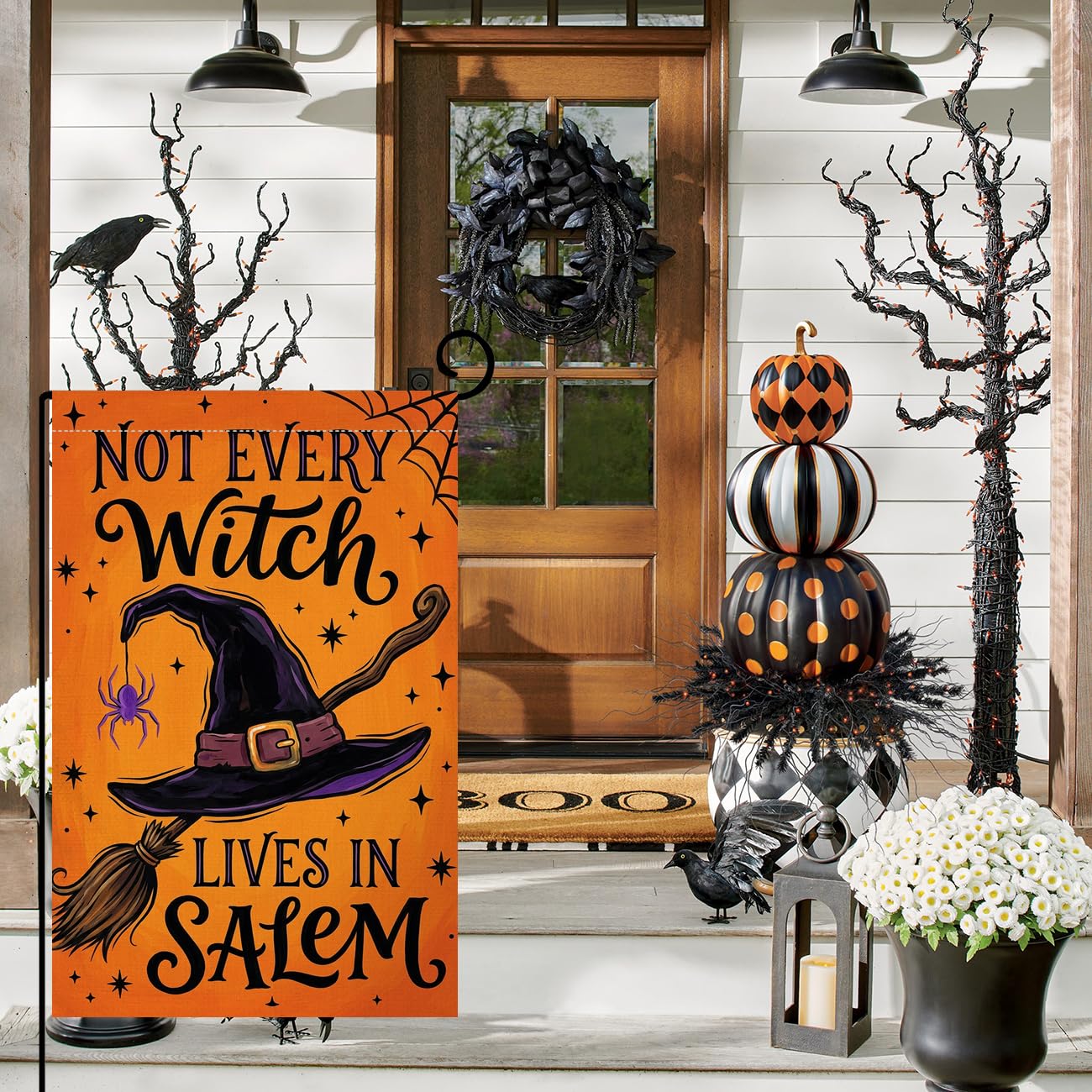 Close-up of BLKWHT Halloween Garden Flag fabric texture